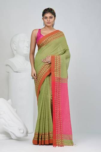 Green and pink handspun cotton saree with vibrant borders