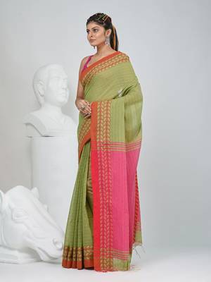 Green and pink handspun cotton saree with vibrant borders 2