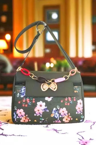 Royal Collection of India Black Floral Printed Sling Bag for Women & Girls – Stylish Party Wear Crossbody 