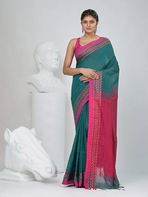 Teal and fuchsia handspun cotton saree with vibrant borders 1