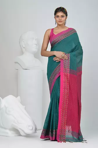 Teal and fuchsia handspun cotton saree with vibrant borders