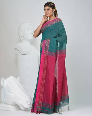 Teal and fuchsia handspun cotton saree with vibrant borders 2