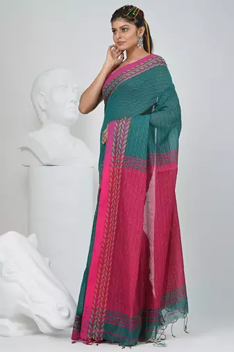 Teal and fuchsia handspun cotton saree with vibrant borders
