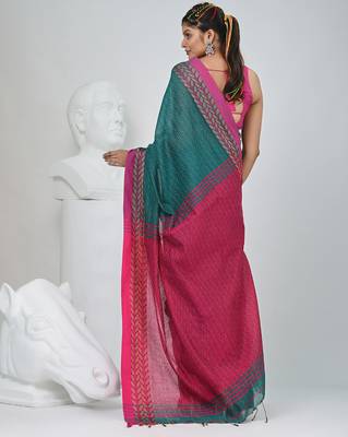 Teal and fuchsia handspun cotton saree with vibrant borders 3