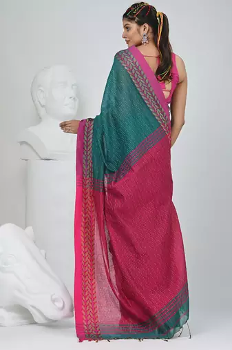 Teal and fuchsia handspun cotton saree with vibrant borders