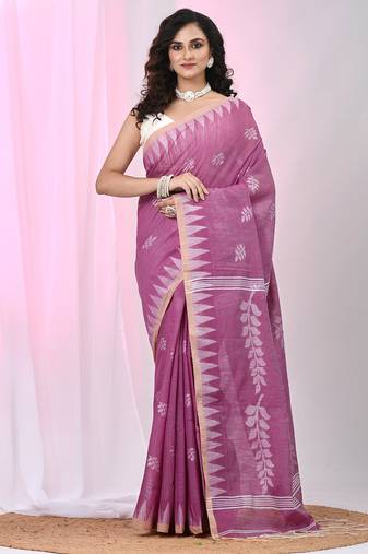 Handspun cotton saree in purple with leaf and geometric patterns