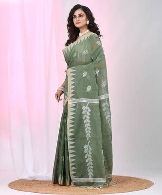 Handspun cotton saree in sage green with leaf and geometric patterns 2
