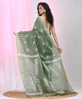 Handspun cotton saree in sage green with leaf and geometric patterns 3