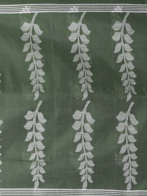 Handspun cotton saree in sage green with leaf and geometric patterns 4