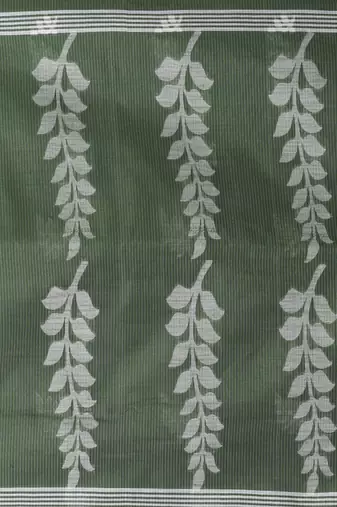 Handspun cotton saree in sage green with leaf and geometric patterns