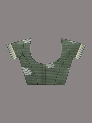 Handspun cotton saree in sage green with leaf and geometric patterns 5