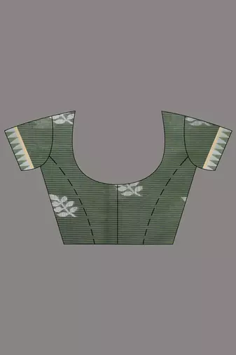 Handspun cotton saree in sage green with leaf and geometric patterns