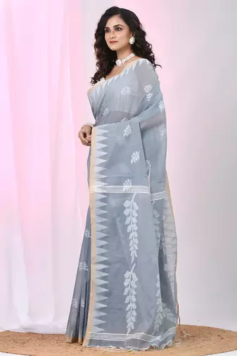 Handspun cotton saree in grey with leaf and geometric patterns