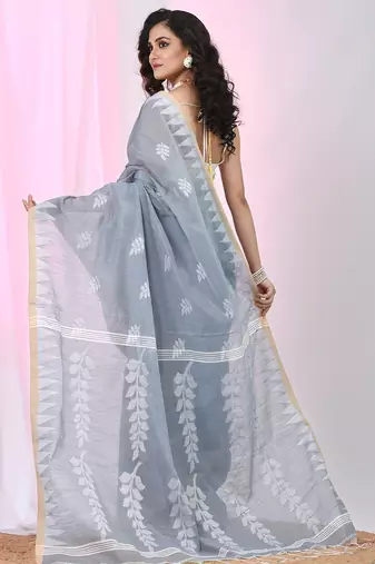Handspun cotton saree in grey with leaf and geometric patterns