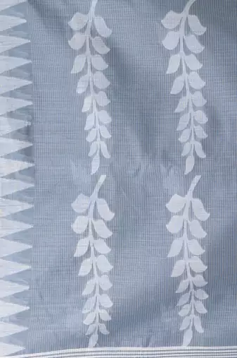 Handspun cotton saree in grey with leaf and geometric patterns
