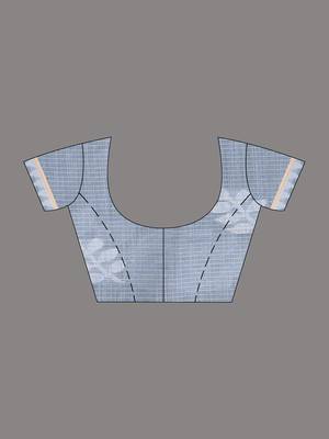 Handspun cotton saree in grey with leaf and geometric patterns 5