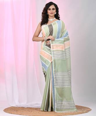 Mint green handspun cotton saree in soft pastels with striped design 1