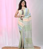 Mint green handspun cotton saree in soft pastels with striped design
