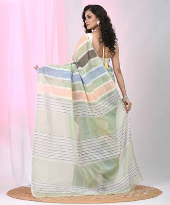 Mint green handspun cotton saree in soft pastels with striped design 3