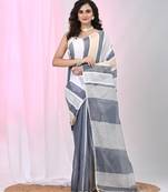 Grey handspun cotton saree in elegant stripes with shades of white and beige