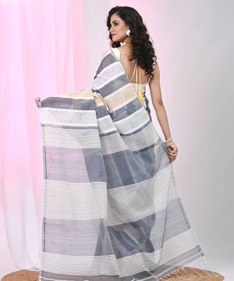 Grey handspun cotton saree in elegant stripes with shades of white and beige 3