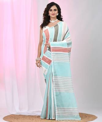 Handspun cotton saree in aqua blue with pastel stripes 1