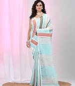 Handspun cotton saree in aqua blue with pastel stripes