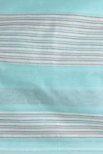 Handspun cotton saree in aqua blue with pastel stripes