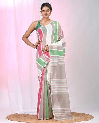 Handspun cotton saree with bold stripes in beige, green, and red 1