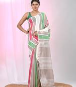 Handspun cotton saree with bold stripes in beige, green, and red