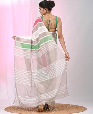 Handspun cotton saree with bold stripes in beige, green, and red 3
