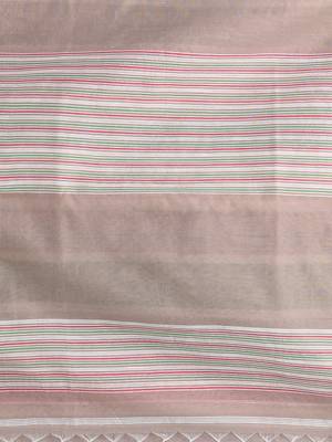 Handspun cotton saree with bold stripes in beige, green, and red 4