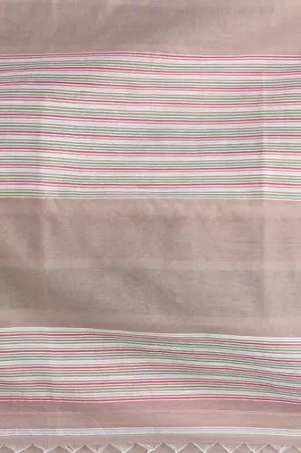Handspun cotton saree with bold stripes in beige, green, and red