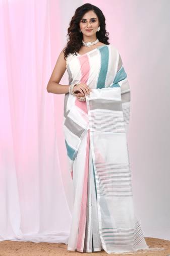 White handspun cotton saree with abstract stripes in pastel shades