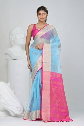 Elegant sky blue and pink resham saree with zari border
