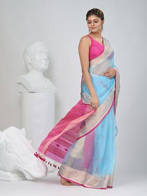 Elegant sky blue and pink resham saree with zari border 2