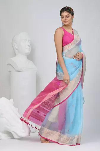 Elegant sky blue and pink resham saree with zari border