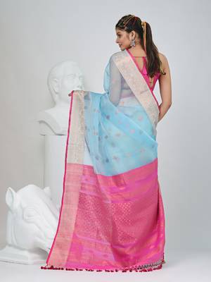 Elegant sky blue and pink resham saree with zari border 3