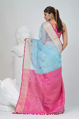 Elegant sky blue and pink resham saree with zari border