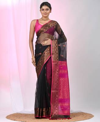 Elegant black and magenta resham saree with zari border 1