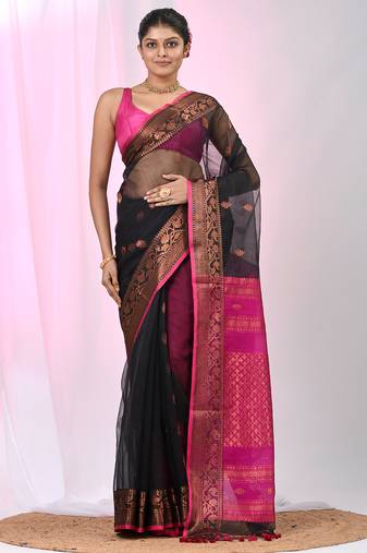Elegant black and magenta resham saree with zari border