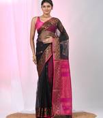 Elegant black and magenta resham saree with zari border
