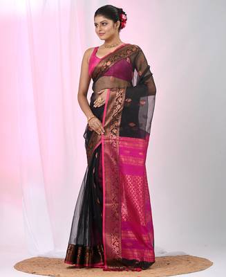 Elegant black and magenta resham saree with zari border 2