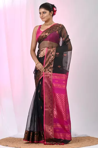 Elegant black and magenta resham saree with zari border