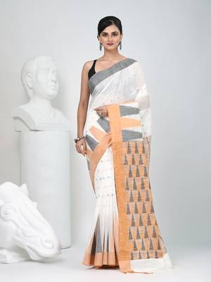 Off white handspun cotton saree with geometric motif and bright hues 5