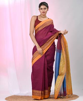 Burgundy and  sapphire blue handspun cotton saree with vibrant borders 5
