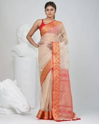 Elegant beige and red resham saree with zari border 1