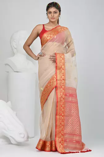 Elegant beige and red resham saree with zari border