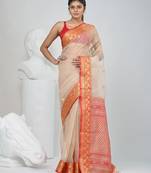 Elegant beige and red resham saree with zari border