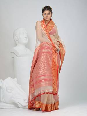 Elegant beige and red resham saree with zari border 2